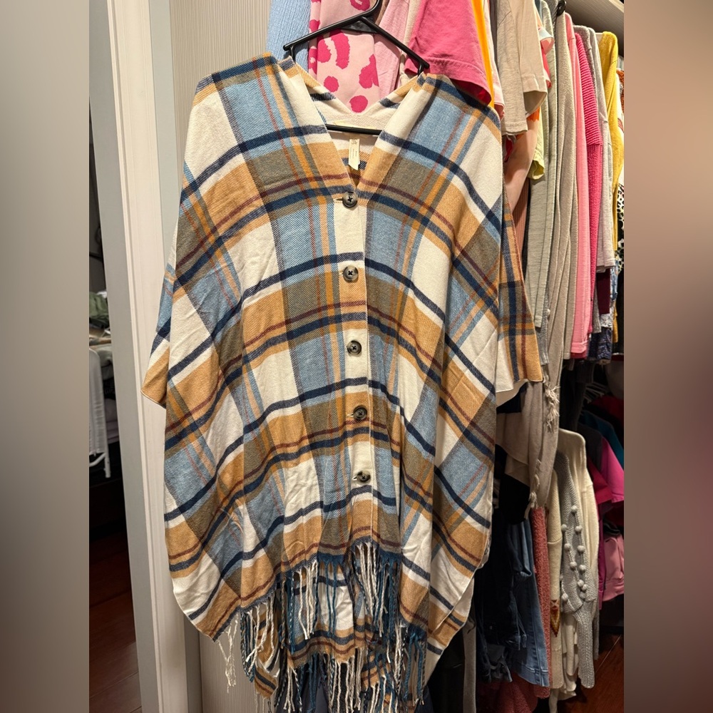 Matilda Jane OS Plaid Button-Up Poncho with Fringe